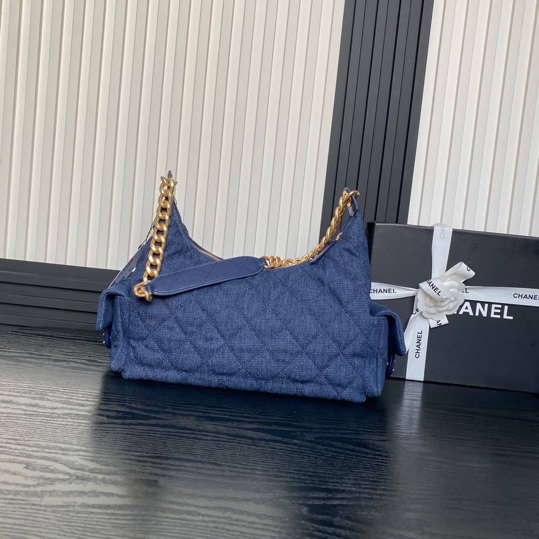 Chanel Trendy Pockets Hobo Bag Denim & Gold Metal Blue AS5302 A