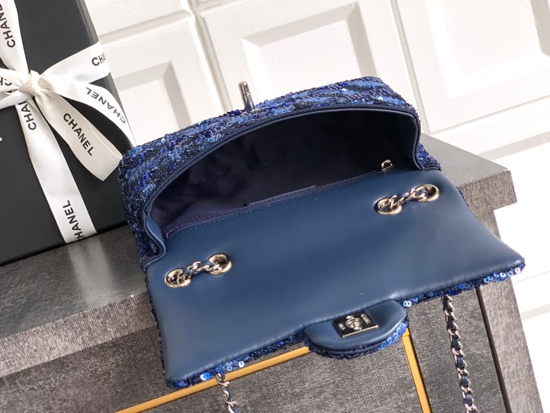 Chanel Classic Mini Flap Bag Sequins Embroidery & Gold-Tone Metal Blue 6171 A