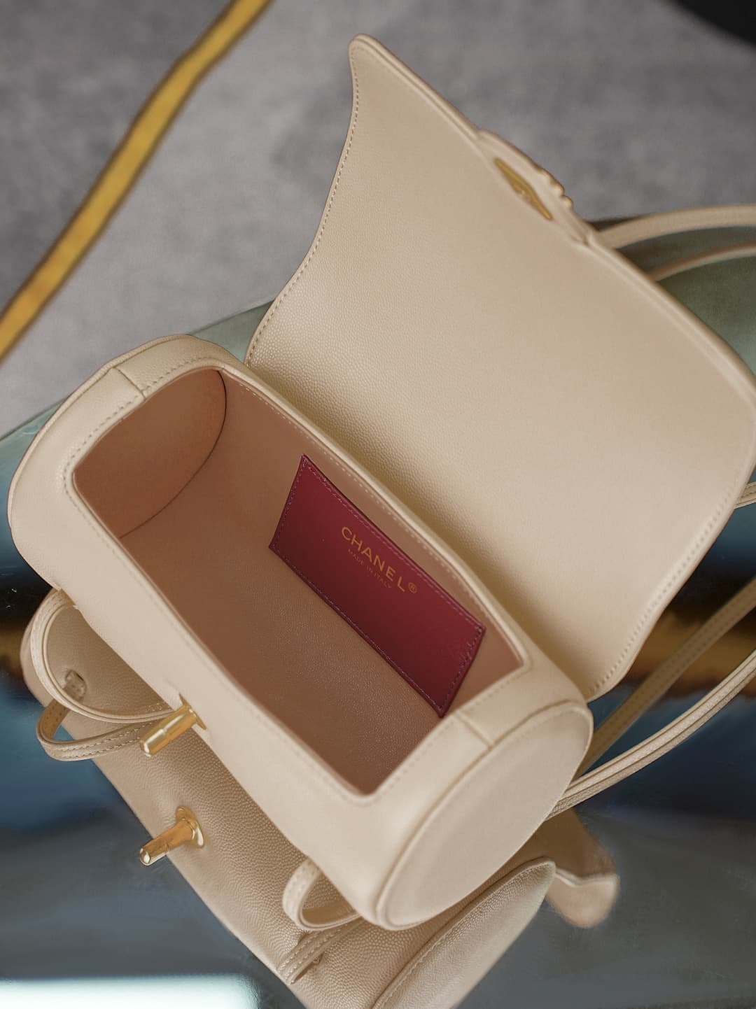 Chanel Small Bowling Bag Grained Shiny Calfskin & Gold-Tone Metal AS6143 Beige High