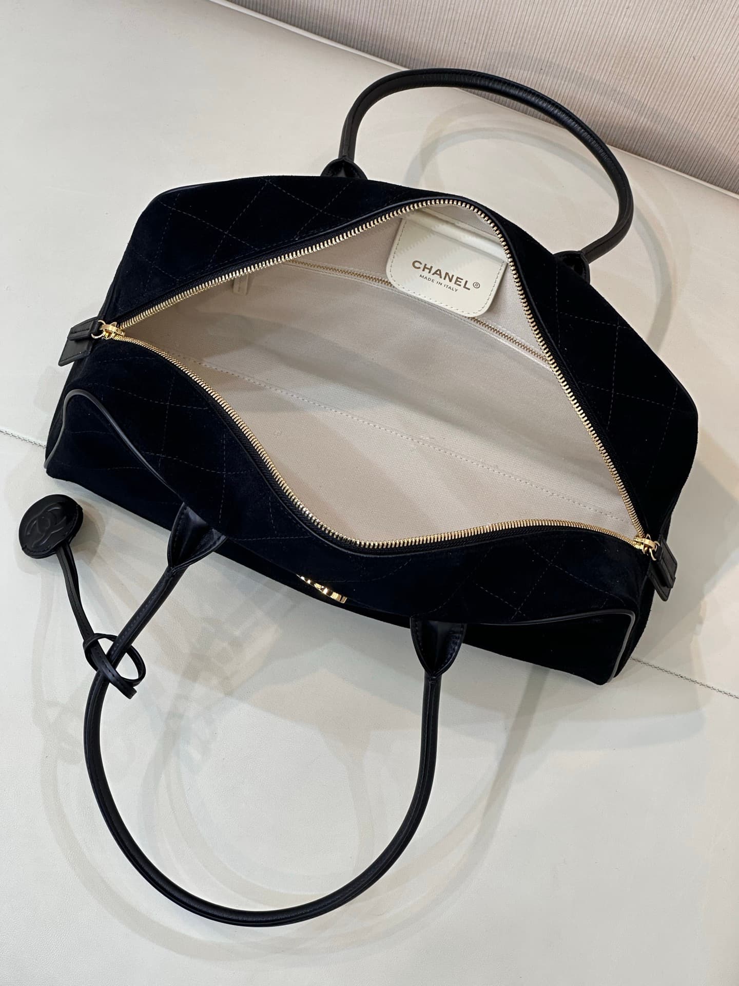 Chanel Bowling Bag Suede Calfskin Calfskin & Gold-Tone Metal Black TOP
