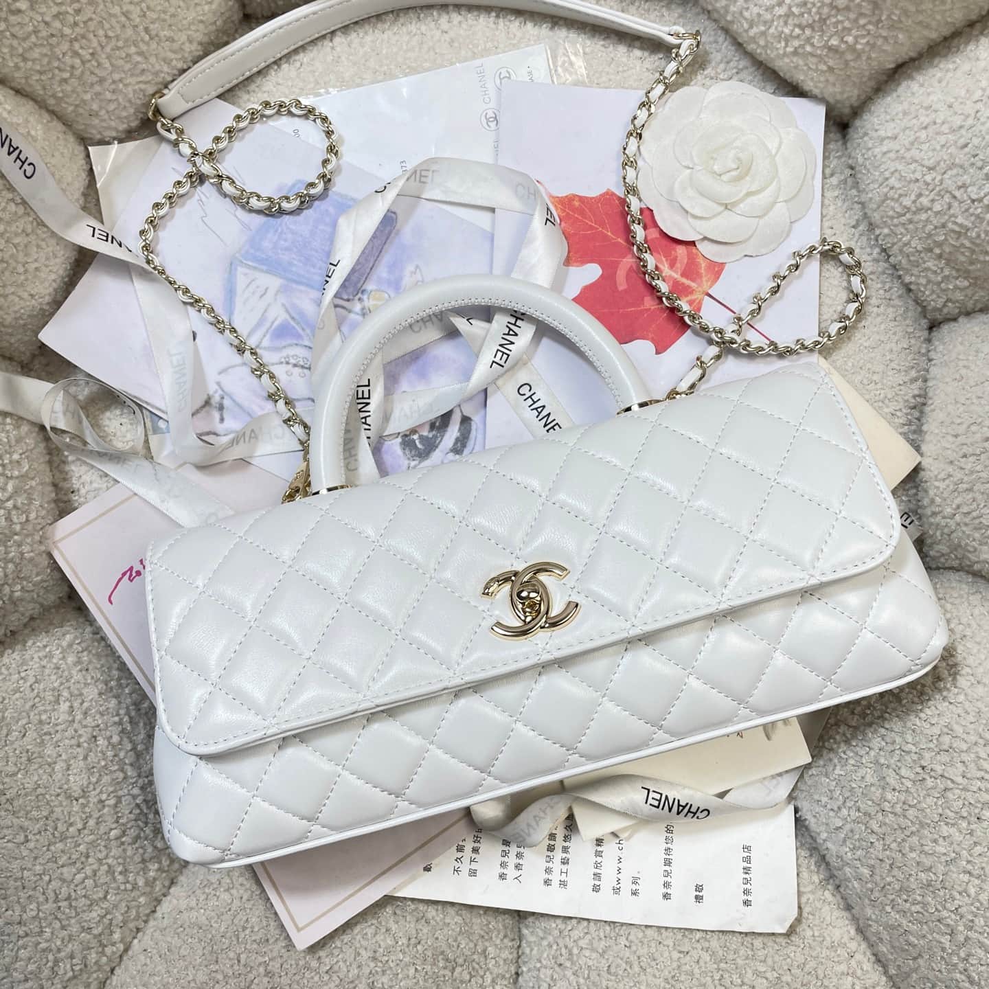 Chanel Maxi Flap Bag with Top Handle Calfskin& Gold-Tone Metal AS6091 White A