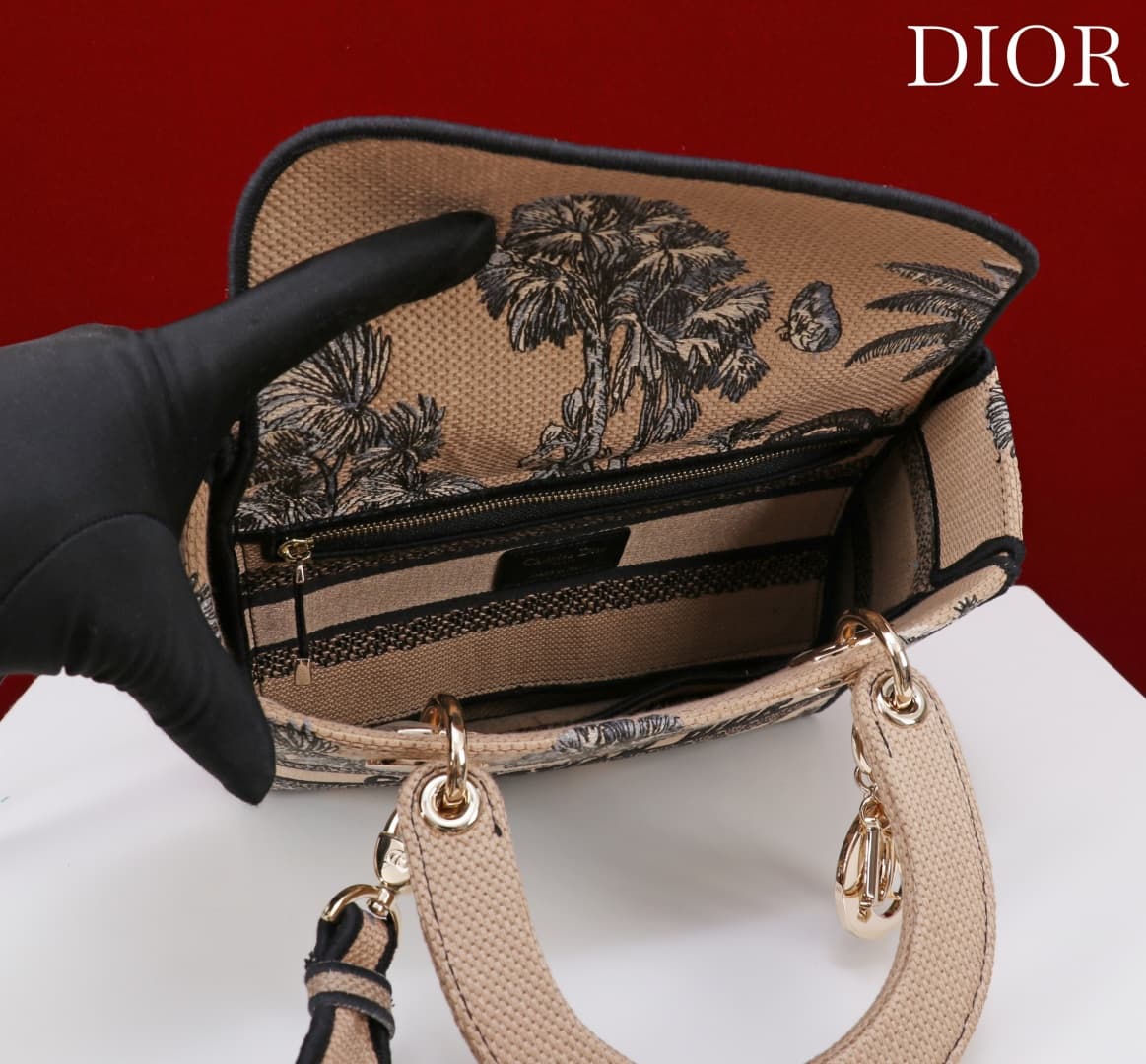 Medium Lady D-Lite Bag Beige and Black Toile de Jouy Palms Embroidery High