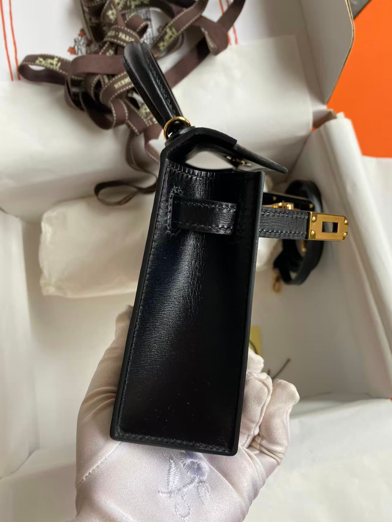 Hermes Kelly Mini II Bag Box Leather WAX Silver/Gold Metal Black High