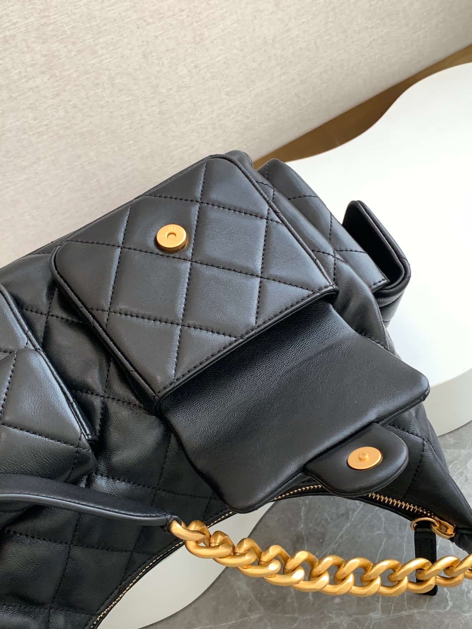 Chanel Trendy Pockets Hobo Bag Lambskin & Gold Metal Black AS5302 A