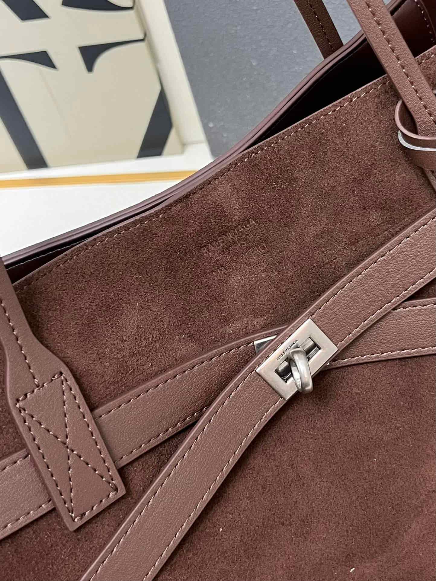 Balenciaga Bel Air Large Waxed Suede Tote Bag in brown silver hardware 1W8807 High