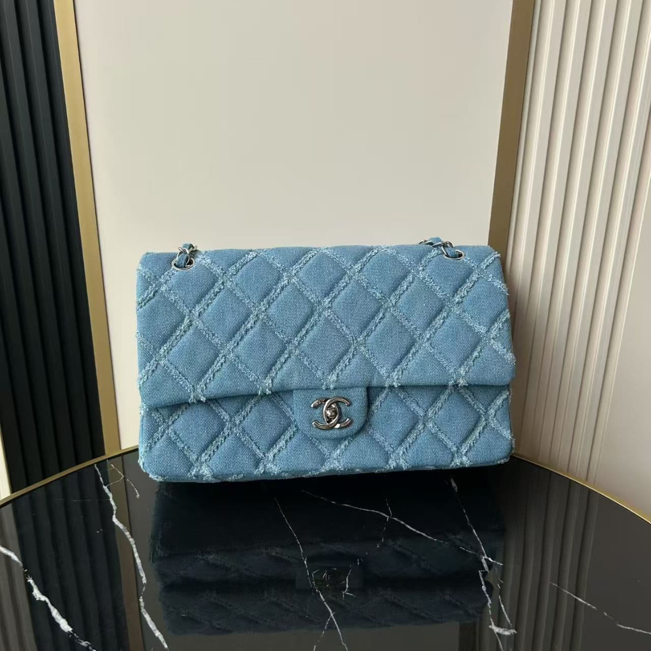Chanel Medium Flap Bag Distressed Quilted Denim & Silver-Tone Metal Blue A