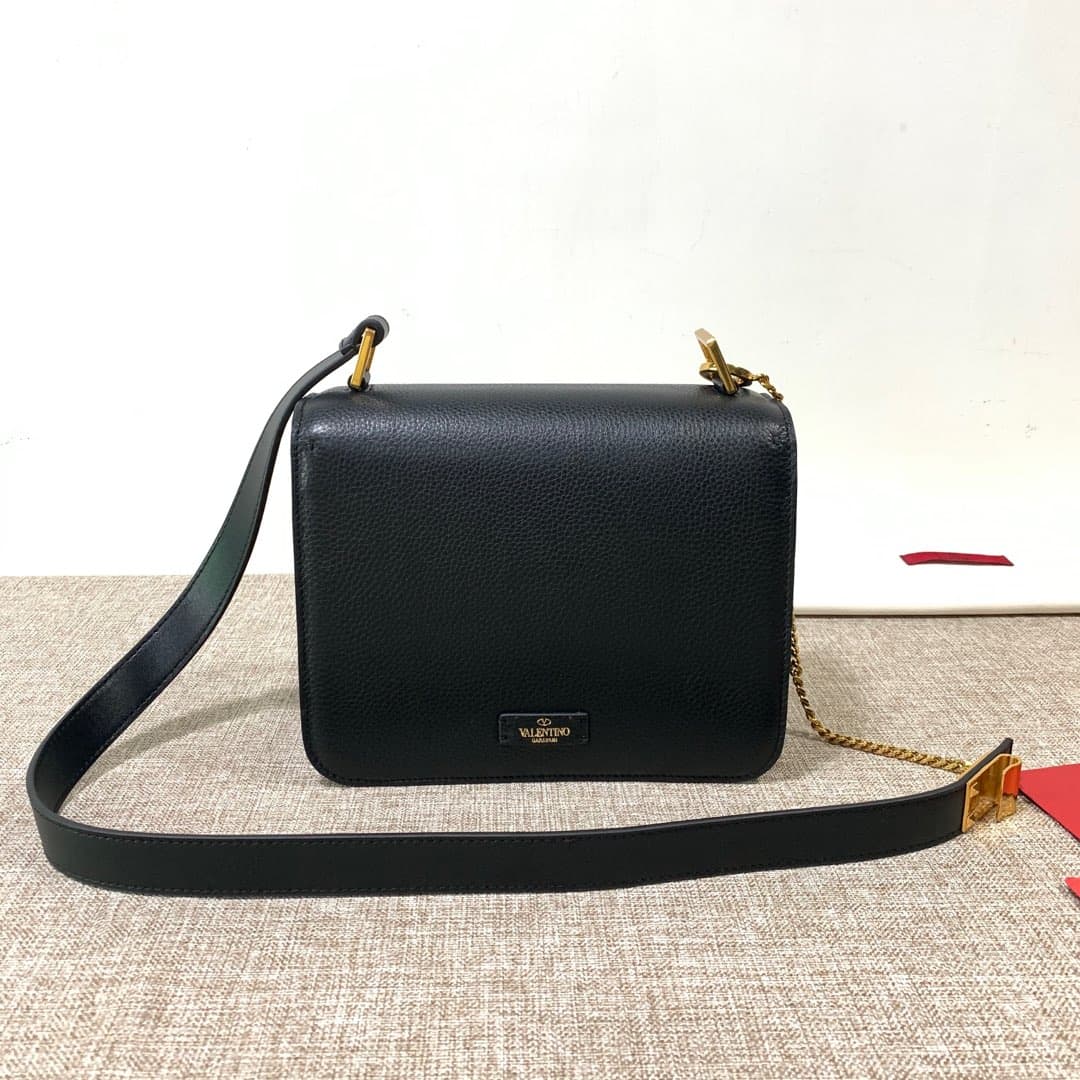 Valentino Vsling Large Shoulder Bag In Black Grainy Calfskin High