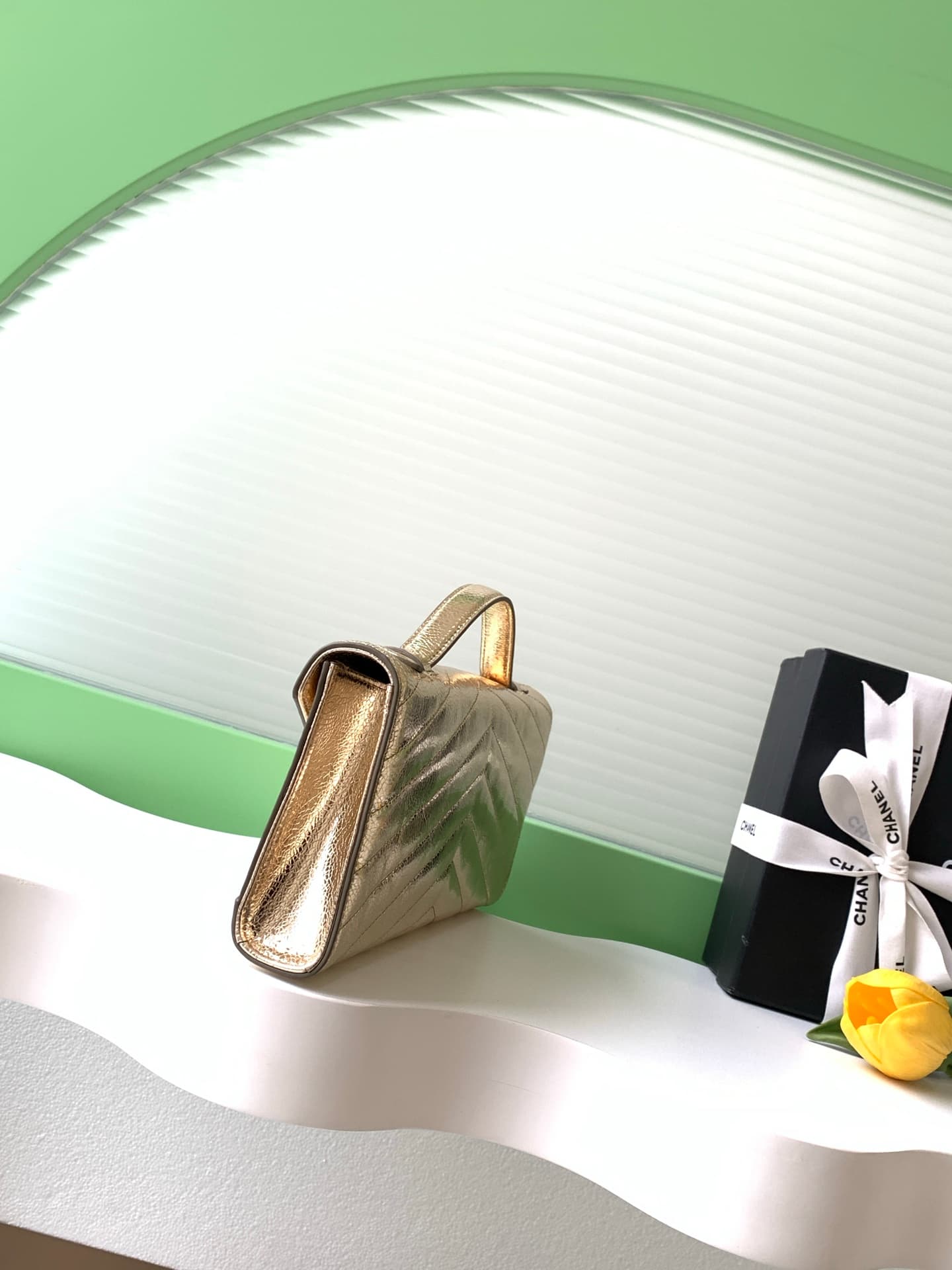 Chanel Flap Bag with Top Handle Metallic Chevron Calfskin Leather Finish& Gold-Tone Metal Champagne Gold AS6044 A