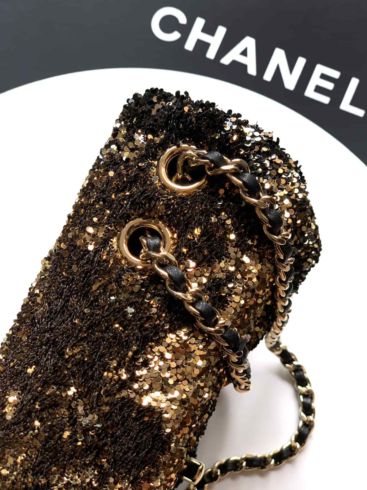 Chanel Classic Mini Flap Bag Sequin Embroidery & Gold-Tone Metal Dark Gold 6171 A