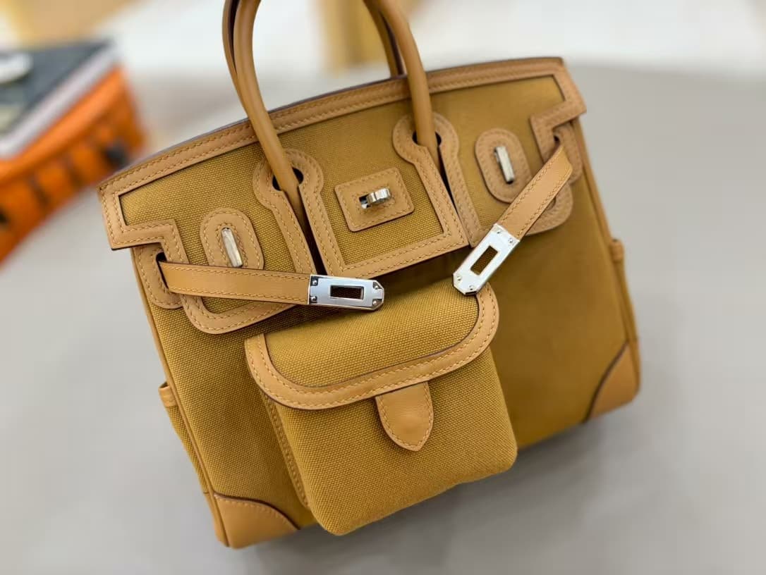 Hermes Birkin Cargo bag 25 Canvas & Swift leather Sesame Silver Metal WAX High