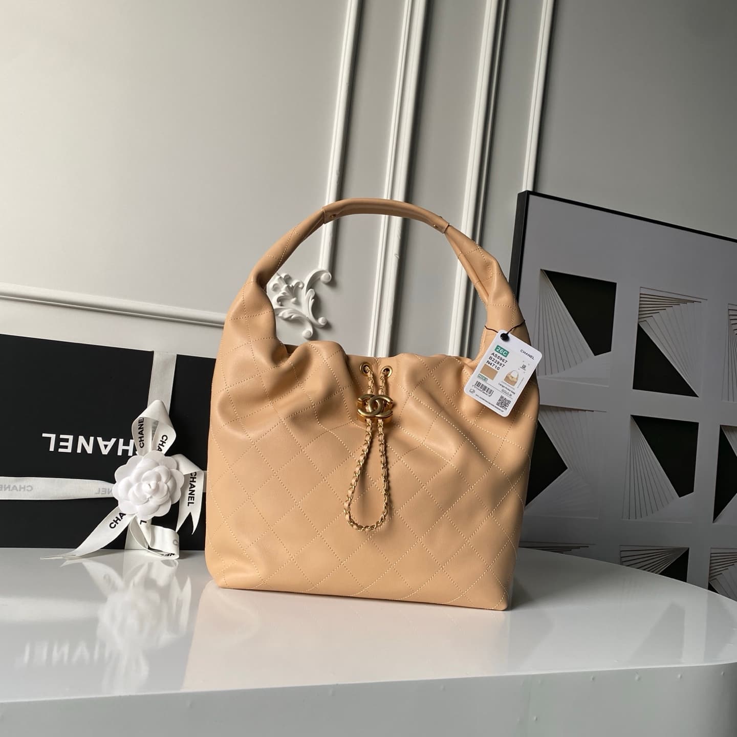 Chanel Hobo Handbag Calfskin & Gold-Tone Metal AS5967 Beige A