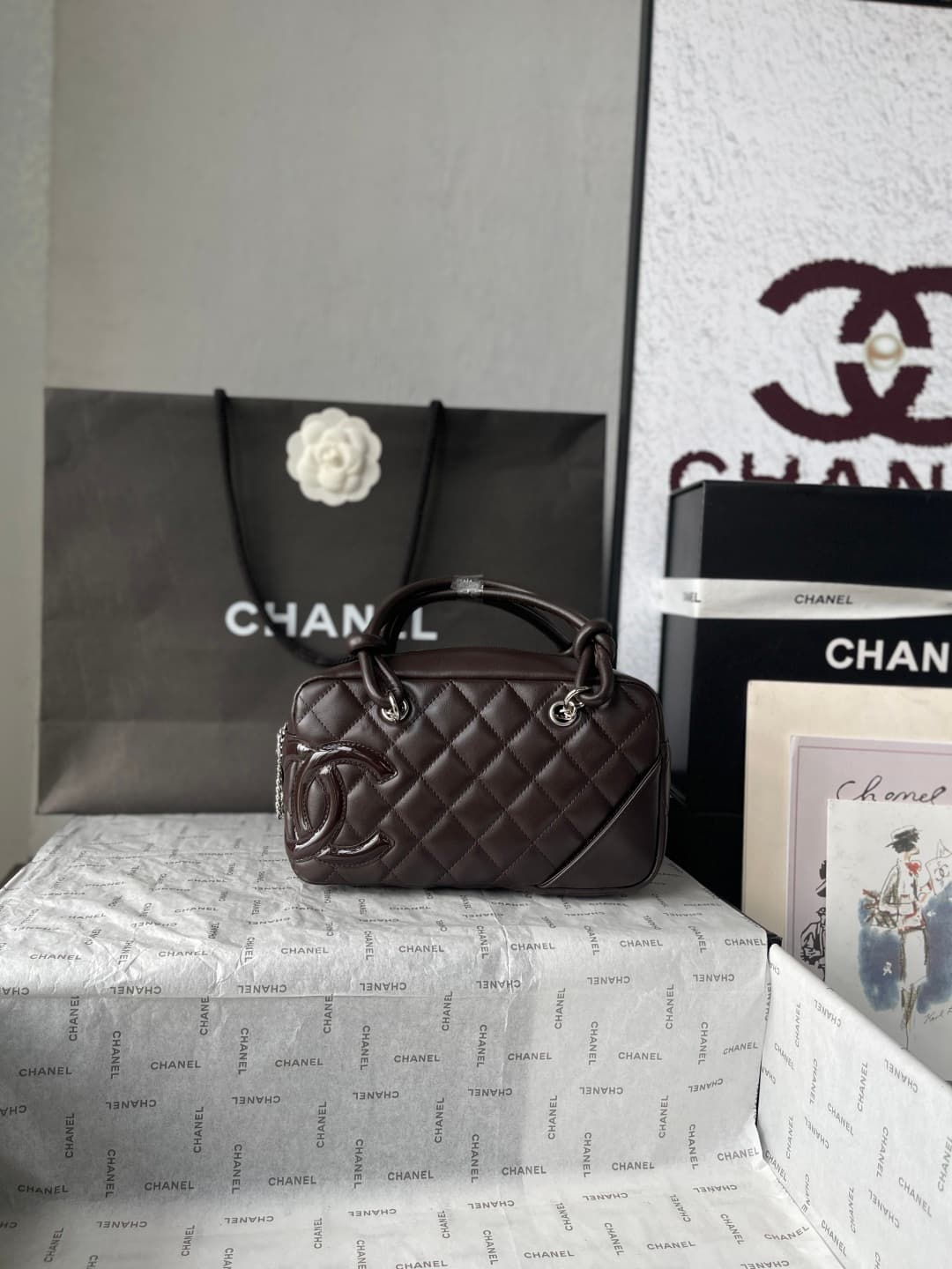 Chanel Cambon Ligne Bowler bag Calfskin & Silver-Tone Metal AS25172 Dark Brown High