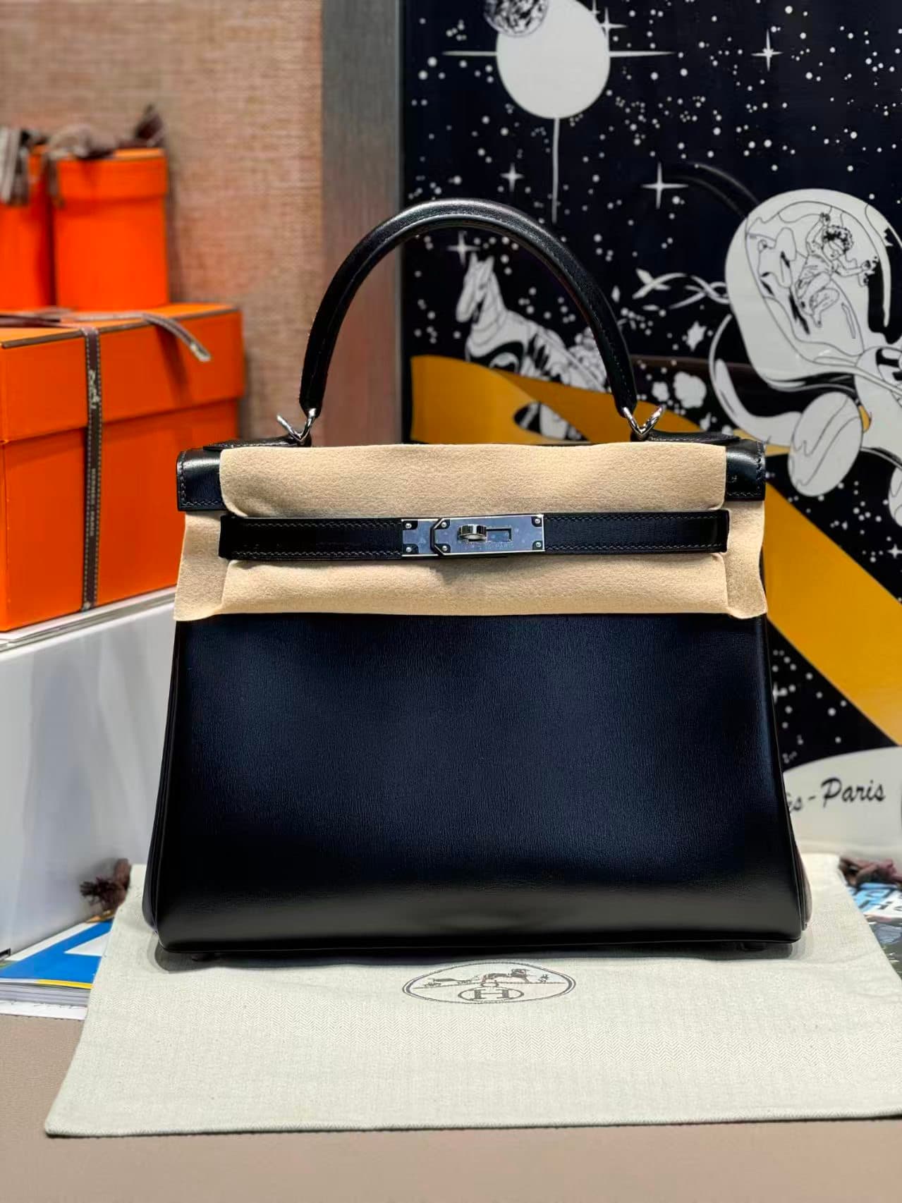 Hermes Kelly 25/28/32cm Retourne Bag Box Leather In Black WAX High Customizing style