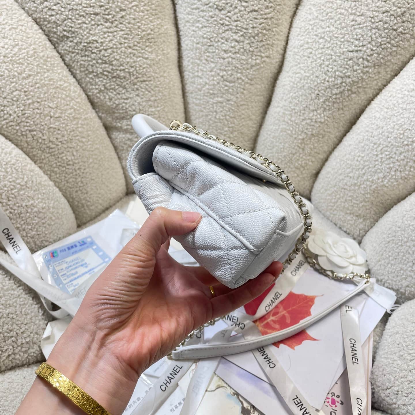 Chanel Maxi Flap Bag with Top Handle Grained Calfskin& Gold-Tone Metal AS6091 White A