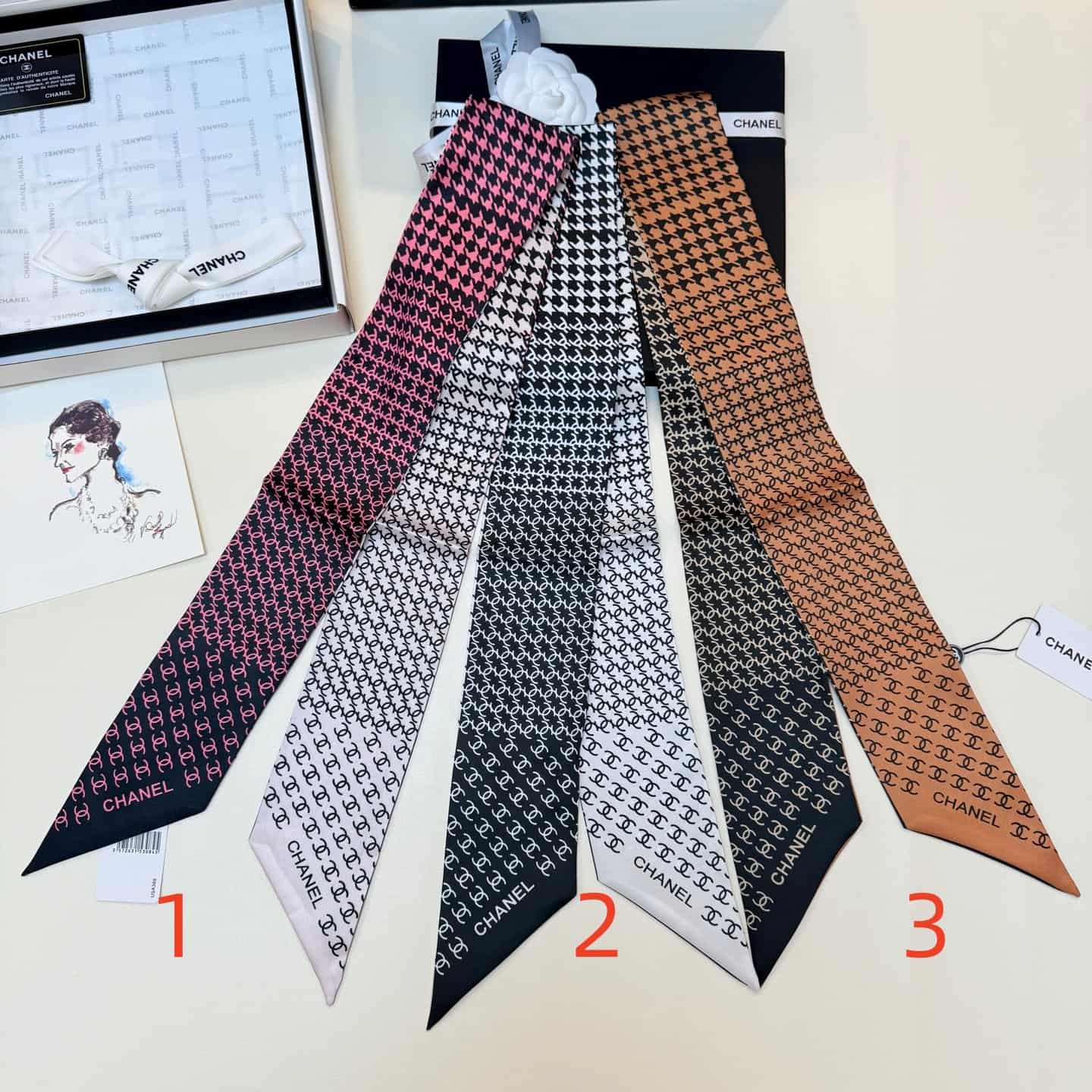 Chanel Silk Twill Houndstooth Slim Bandeau Scarf