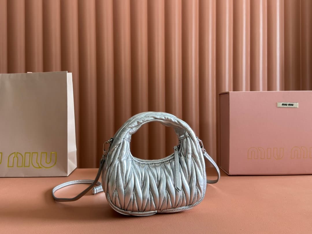 Miu Miu Silver Wander Matelassé Nappa Leather Hobo Mini-bag 5BP078 High