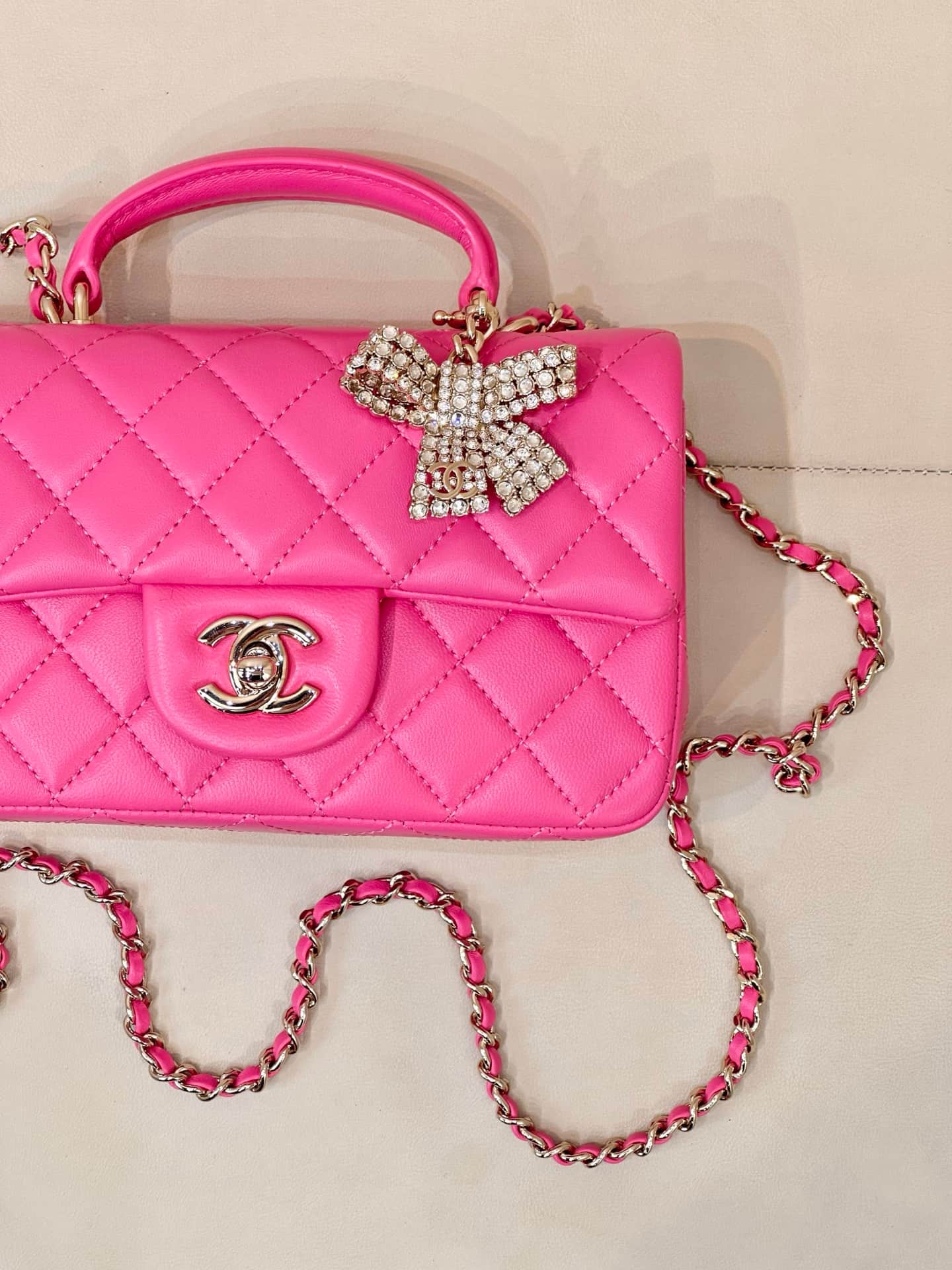 Chanel Mini Classic Handbag Lambskin Strass & Gold-Tone Metal AS2431 rose red TOP