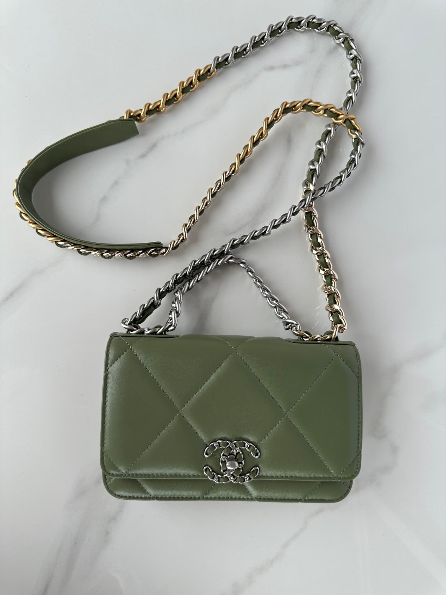Chanel Wallet on Chain Lambskin Leather & Silver-Tone Metal Green AP0957 A