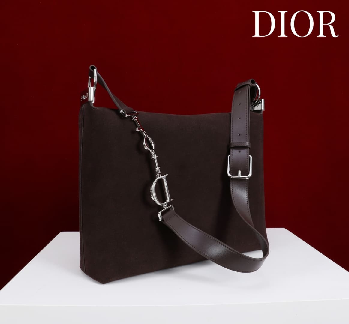 Large Diorly Bag Chocolate Suede Calfskin Silver lettering High
