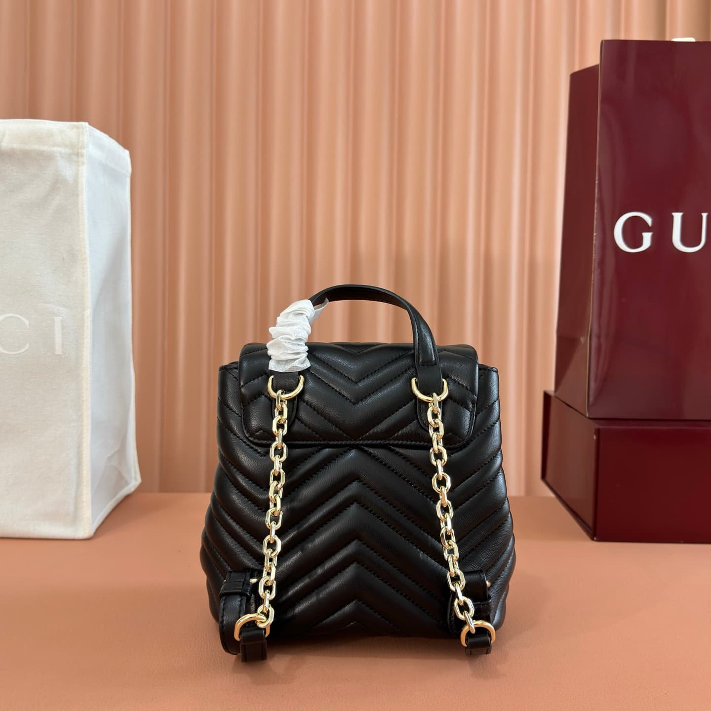 Gucci GG Marmont Mini Backpack Black Matelassé Chevron Nappa Leather 855921 High