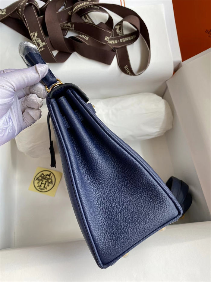 Hermes Kelly 25/28/32cm Retourne Bag Togo Leather In bleu obscur WAX High