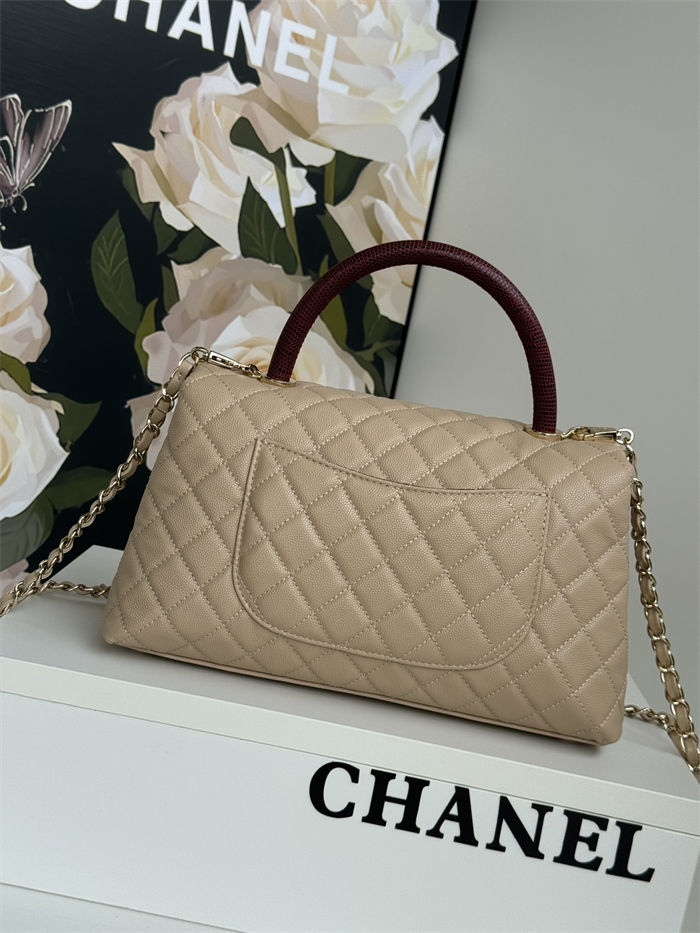 Medium FLAP BAG WITH TOP HANDLE Grained Calfskin Beige Gold Metal High