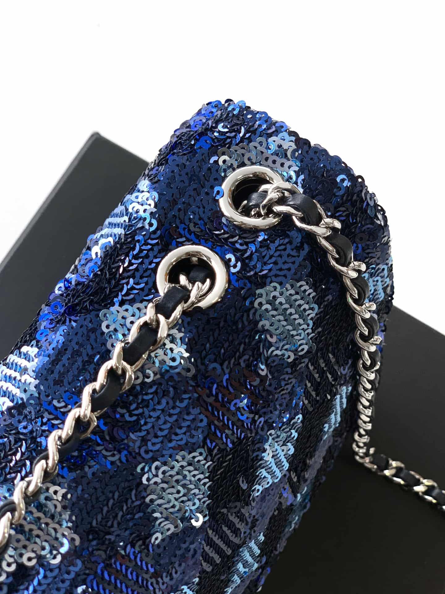 Chanel Classic Mini Flap Bag Sequins Embroidery & Gold-Tone Metal Blue 6171 A