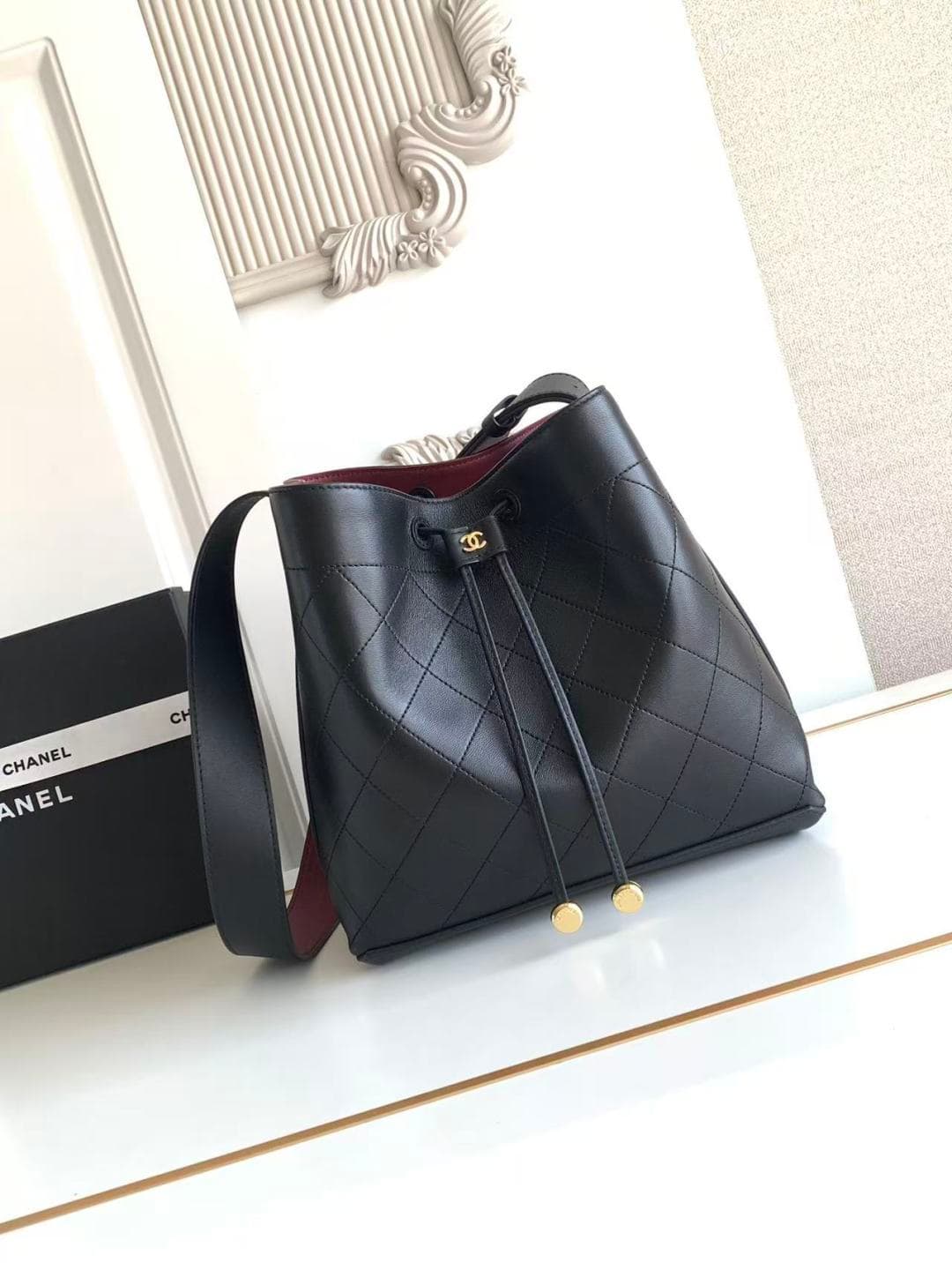 Chanel Bucket Bag Calfskin Leather & Gold-Tone Metal Black AS6584 A