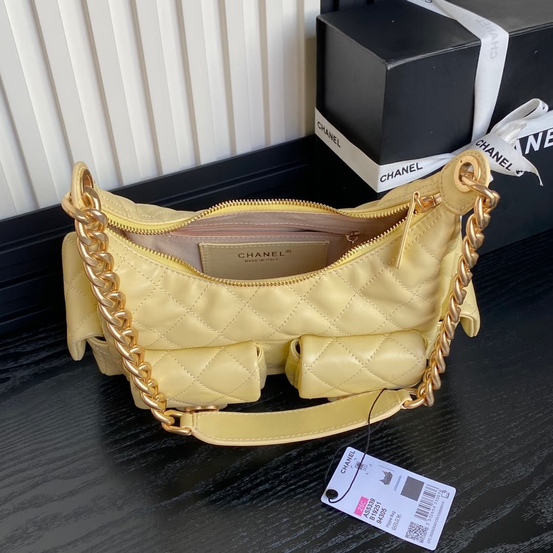 Chanel Trendy Pockets Hobo Bag Lambskin & Gold Metal Yellow AS5339 A