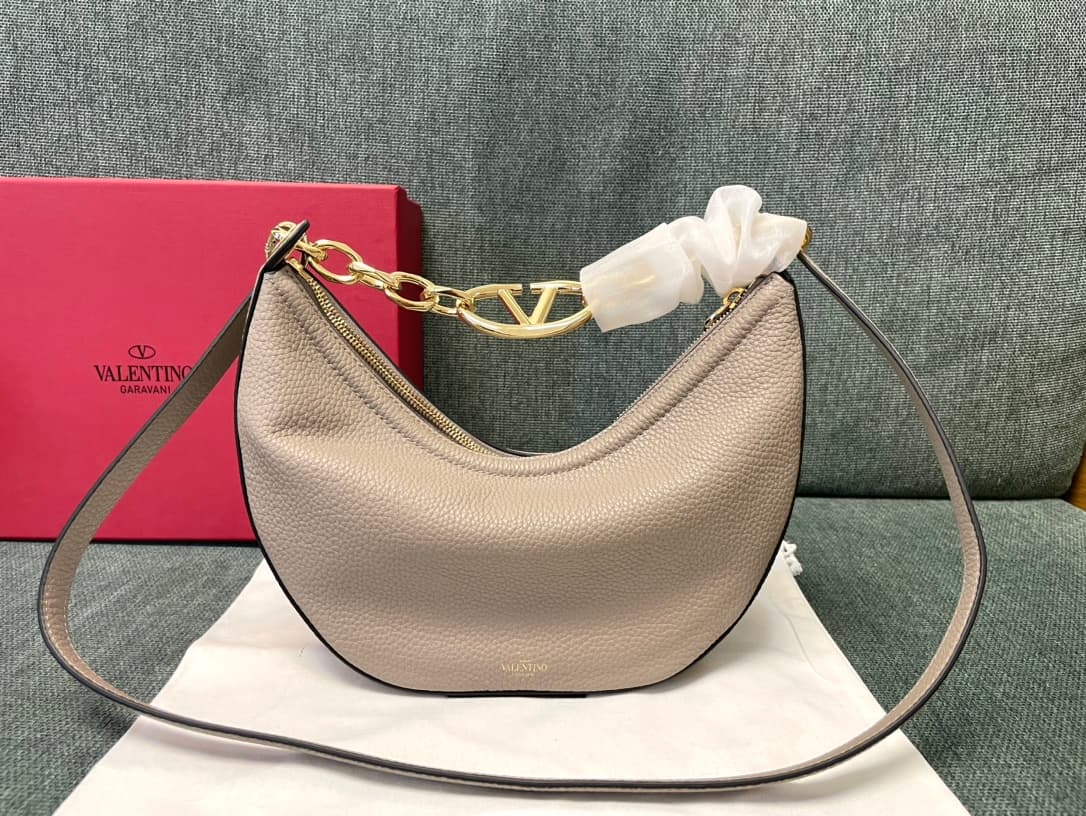 Valentino Garavani VLogo Moon small hobo bag in grey grained calfskin High