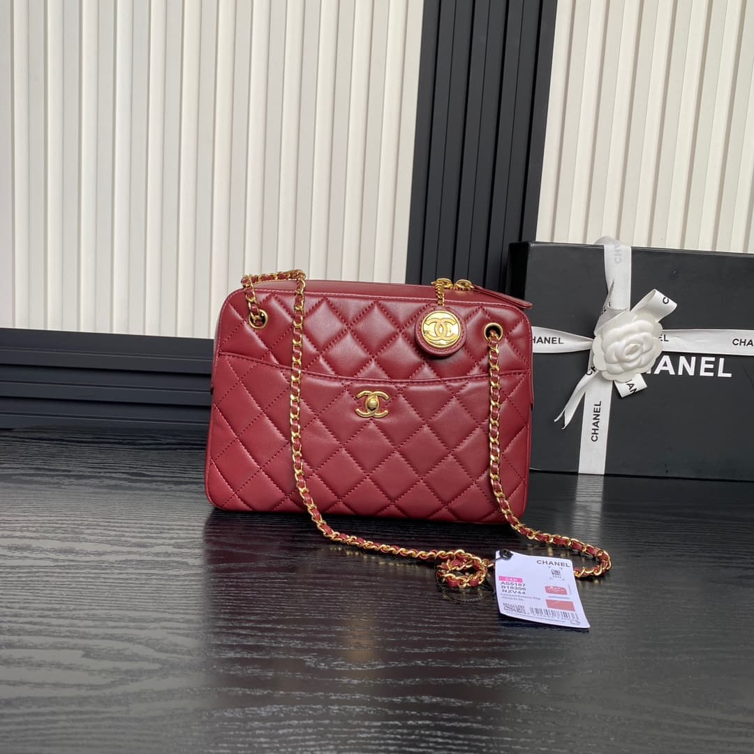 Chanel Maxi Camera Case Lambskin & Gold-Tone Metal Burgundy AS5187 A