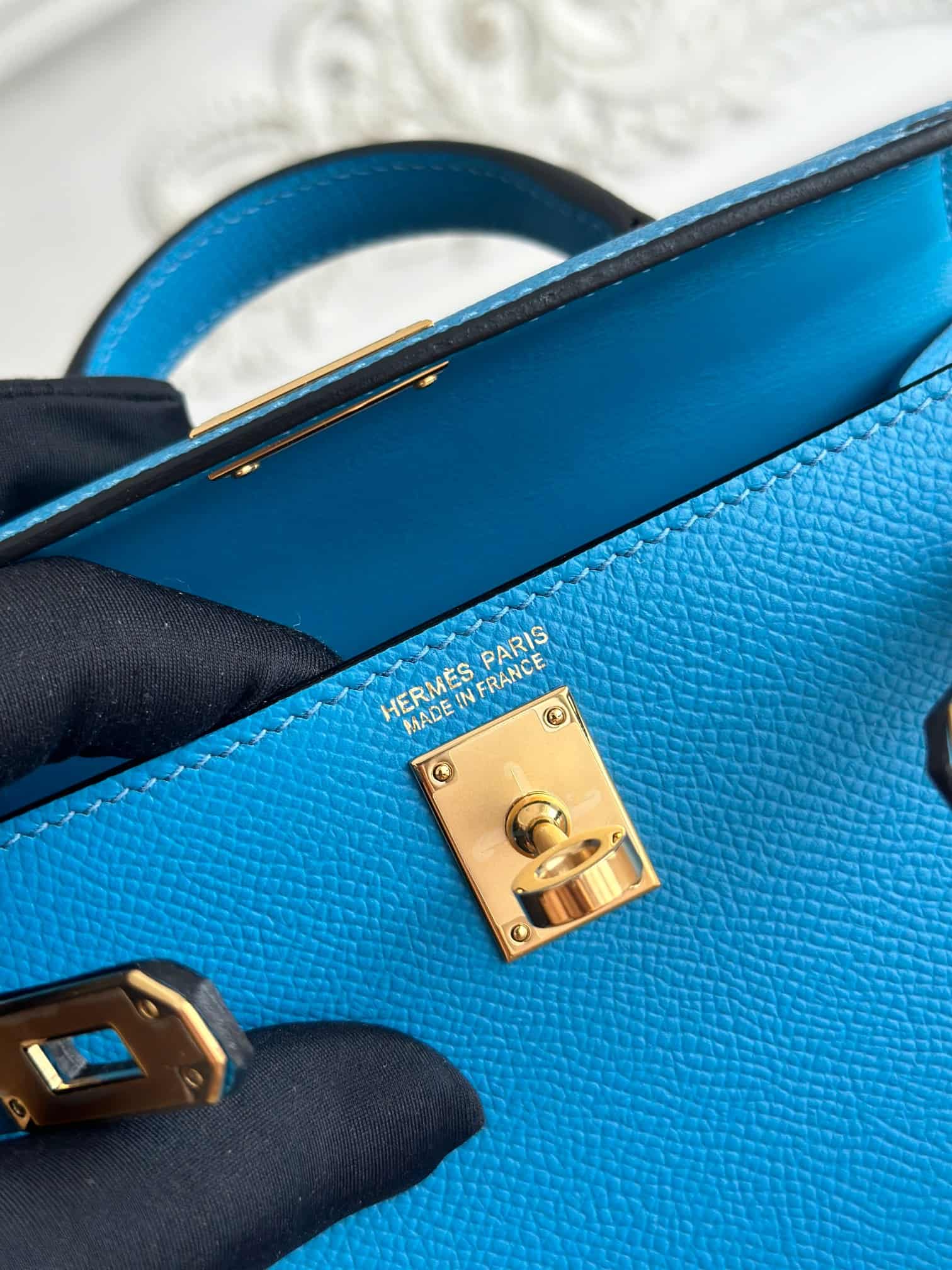 Hermes Kelly Mini II Bag Epsom Leather WAX Bleu Zanzibar High