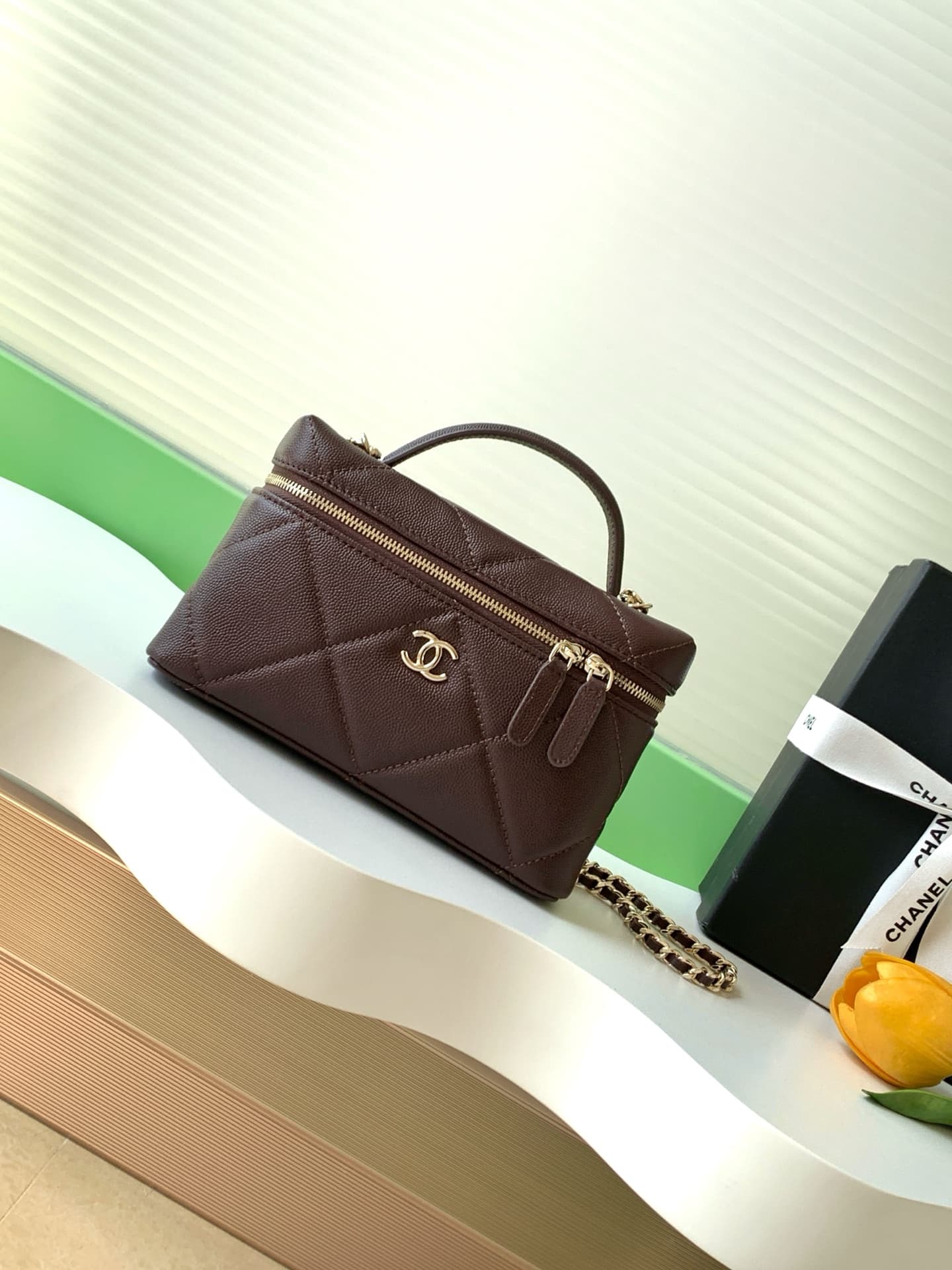 Chanel Vanity with Chain Grained Shiny Calfskin & Gold-Tone Metal Dark Brown AP4936 A