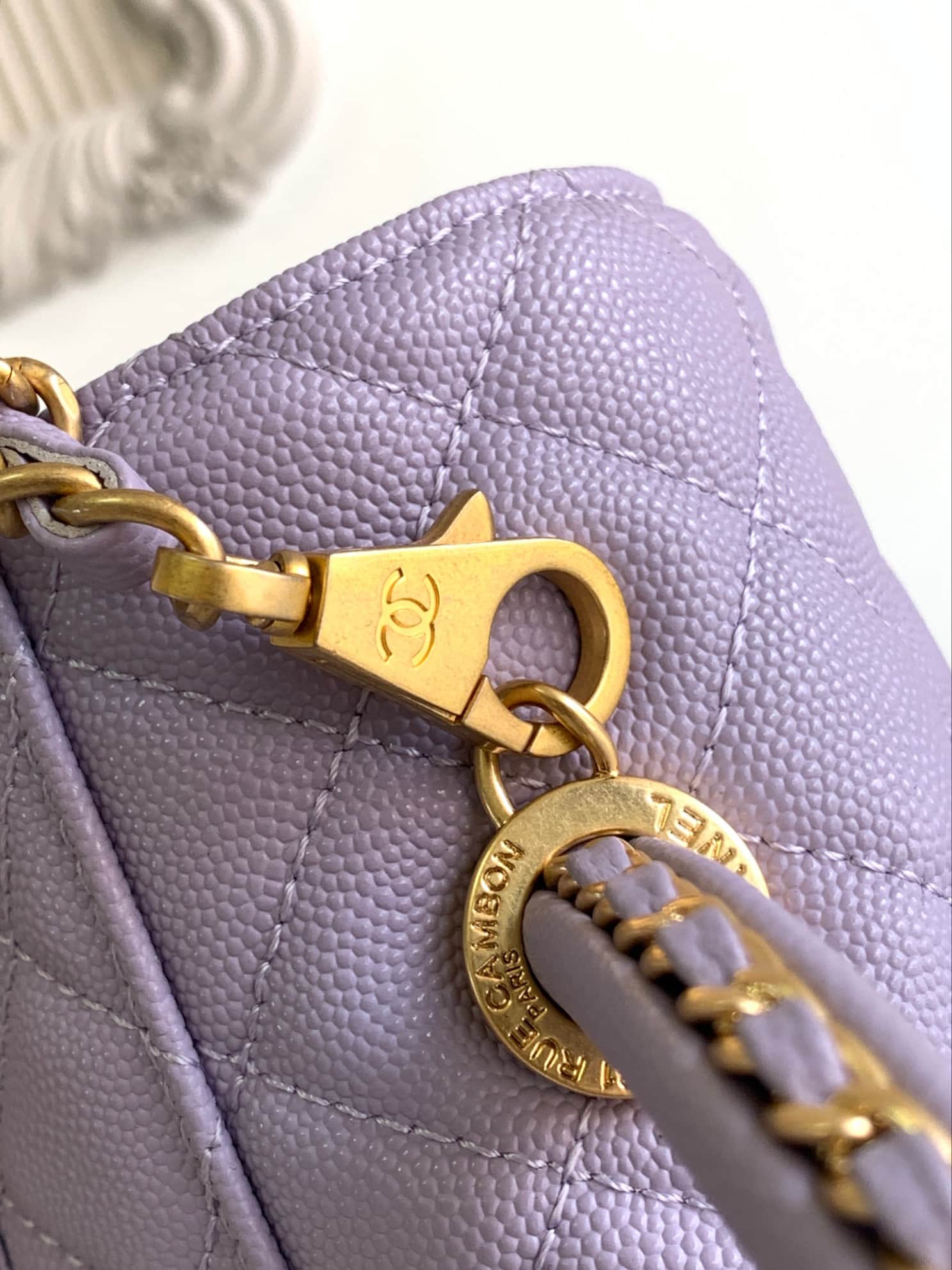 Medium FLAP BAG WITH TOP HANDLE Grained Calfskin A92991 Purple-binding Gold Metal A