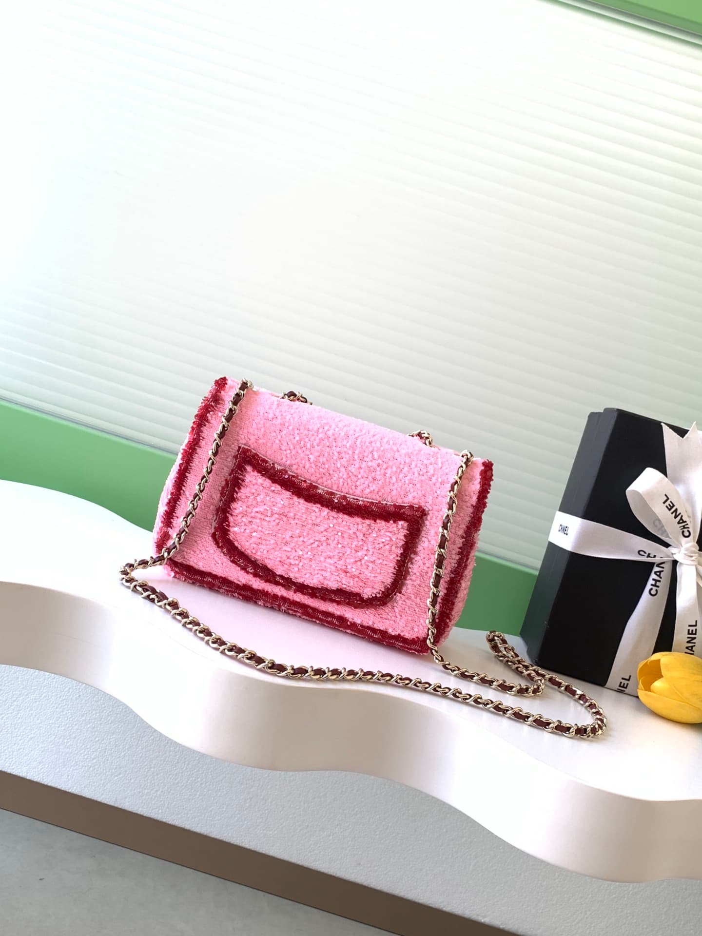 Chanel Flap Bag Sequins & Gold-Tone Metal Pink AS4561  A