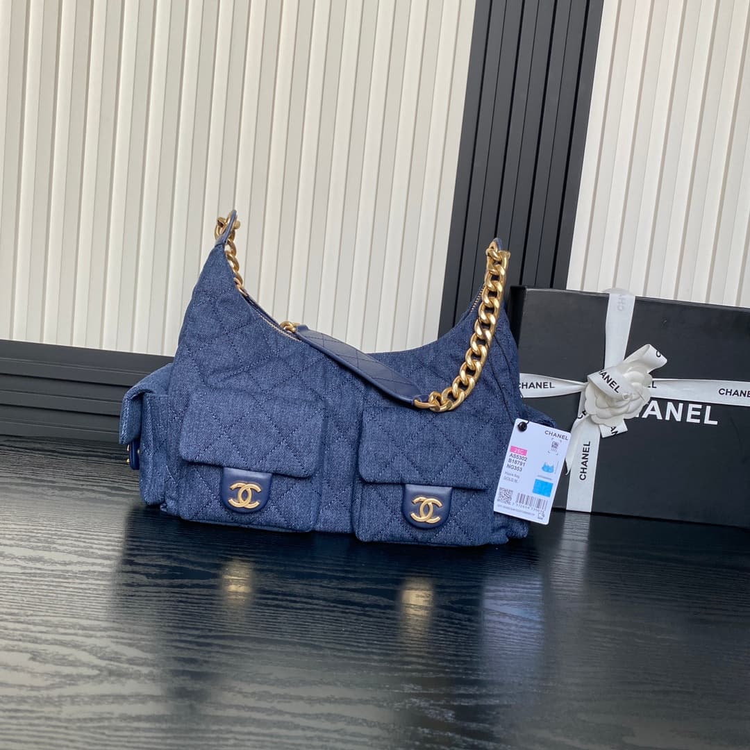 Chanel Trendy Pockets Hobo Bag Denim & Gold Metal Blue AS5302 A