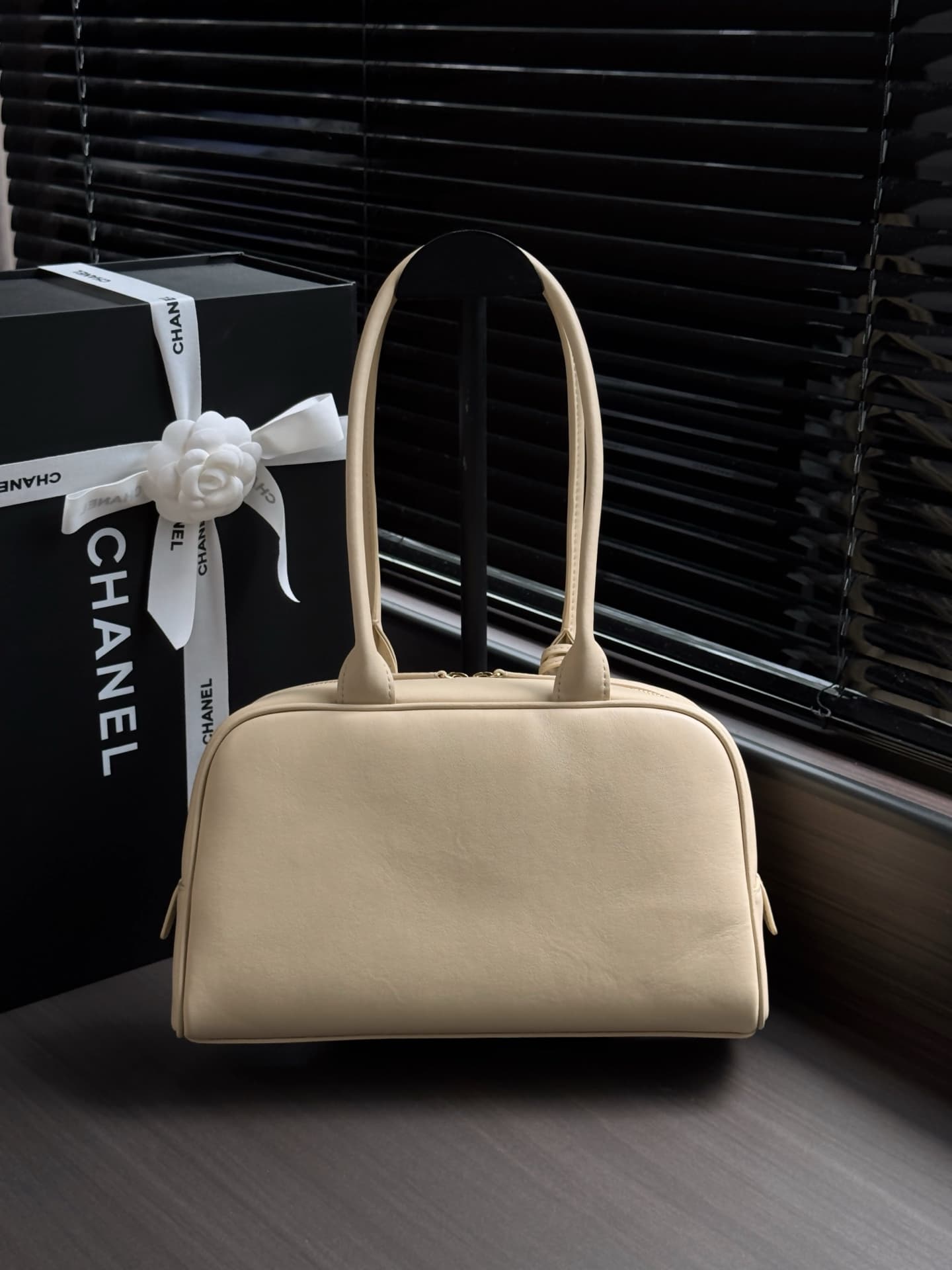 Chanel Large Bowling Bag Calfskin & Gold-Tone Metal Beige AS6580 High