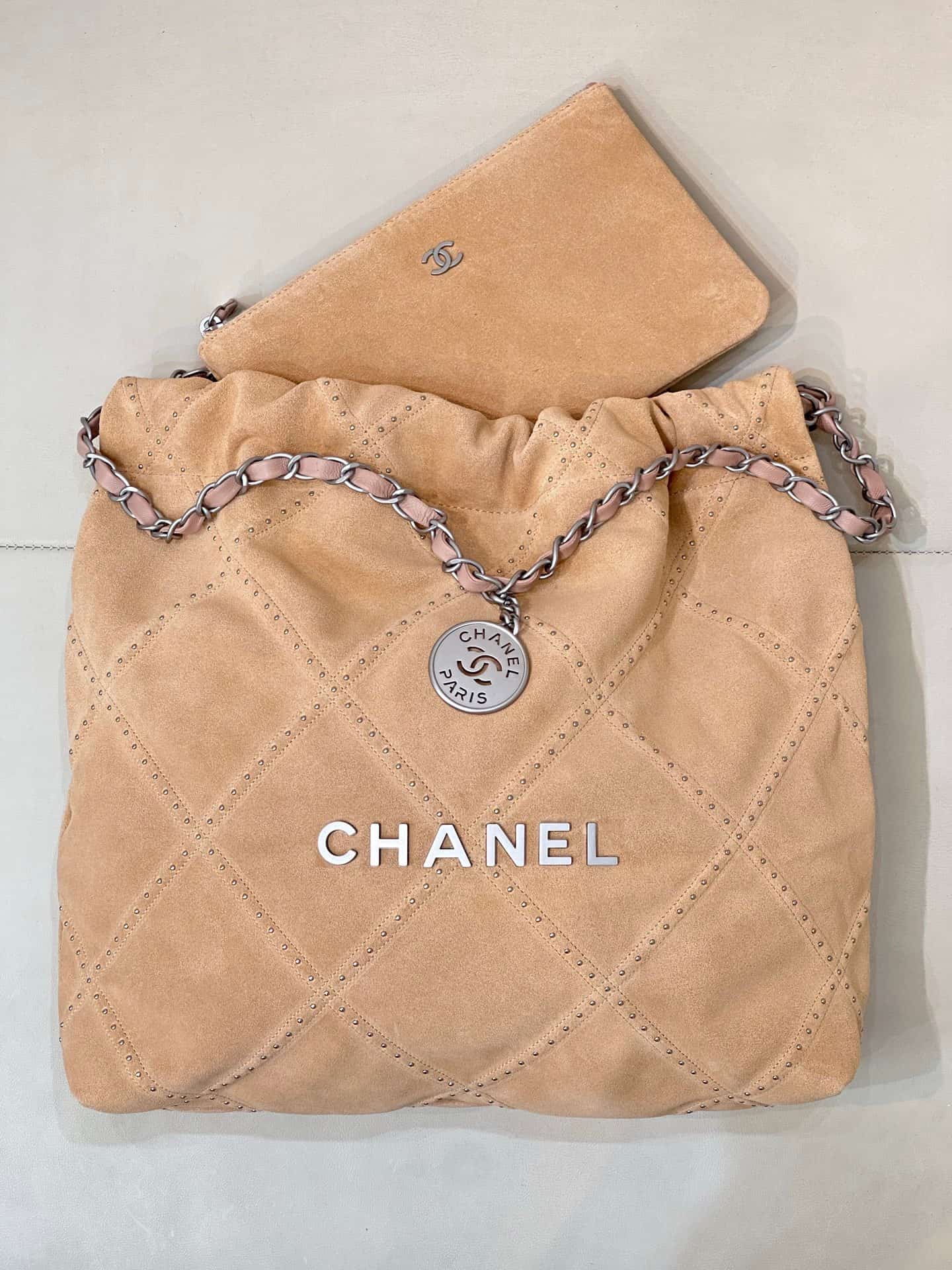 Chanel 22 Small handbag Suede calfskin studs & silver-tone metal AS3260 Beige TOP