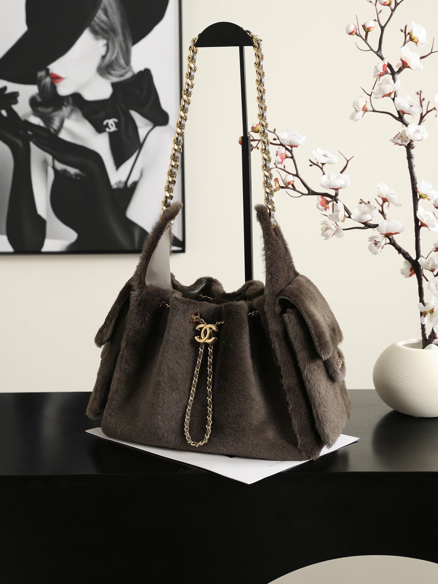 Chanel 25 Small Hobo handbag AS5293 Pony Hair& Gold-Tone Metal Dark Khaki AS5293 A