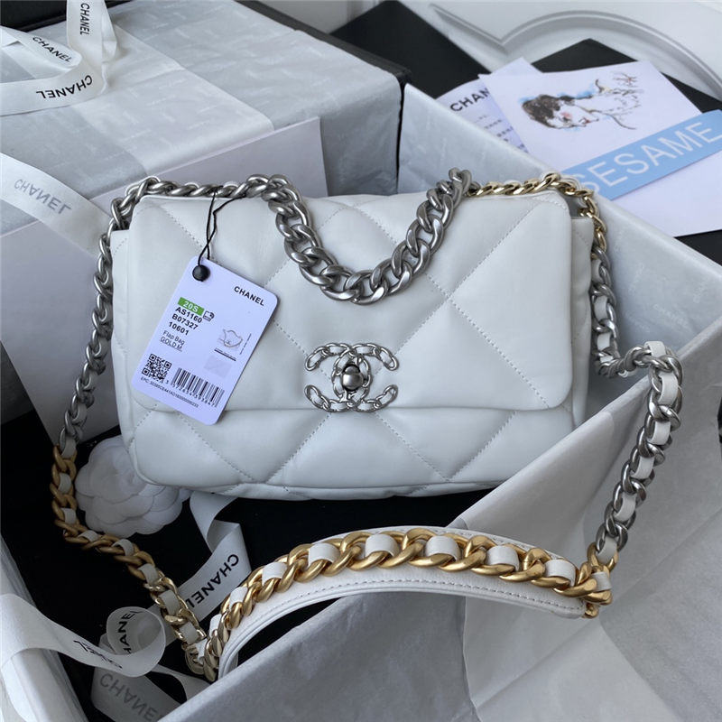 Chanel 19 Flap Bag Lambskin White Silver High