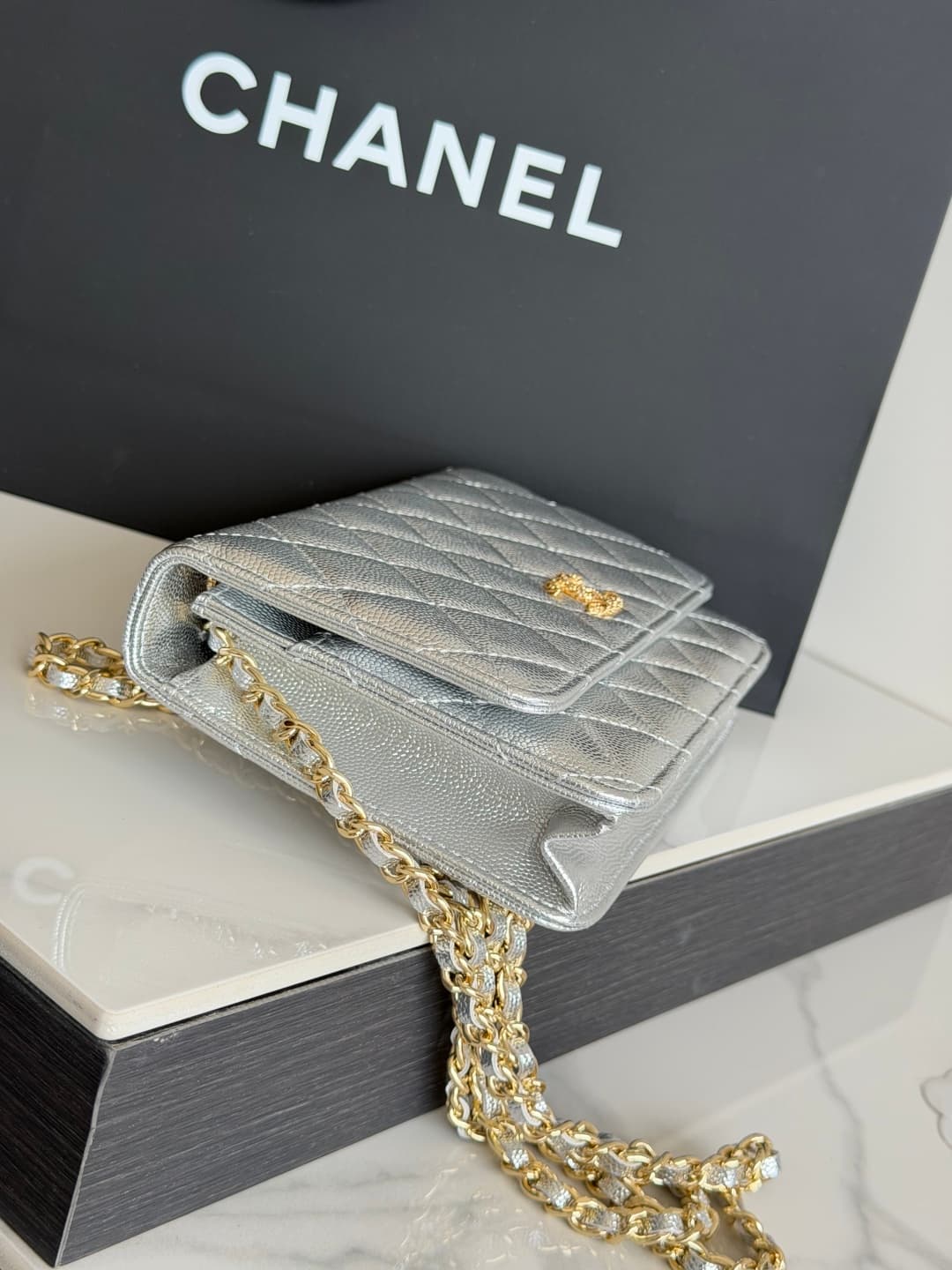 Chanel Wallet on Chain Shiny Grained Calfskin Strass & Gold-Tone Metal Silver AP5073 High