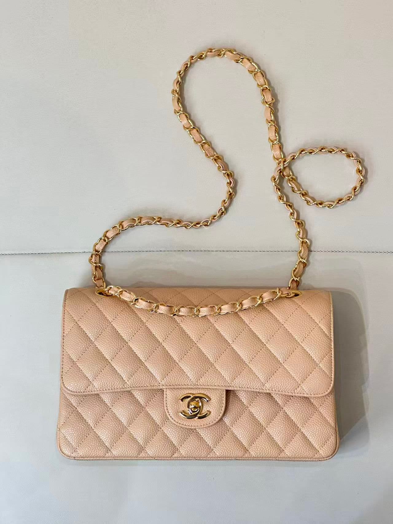 Chanel Medium CLASSIC HANDBAG Grained Calfskin & Gold-Tone Metal Beige TOP
