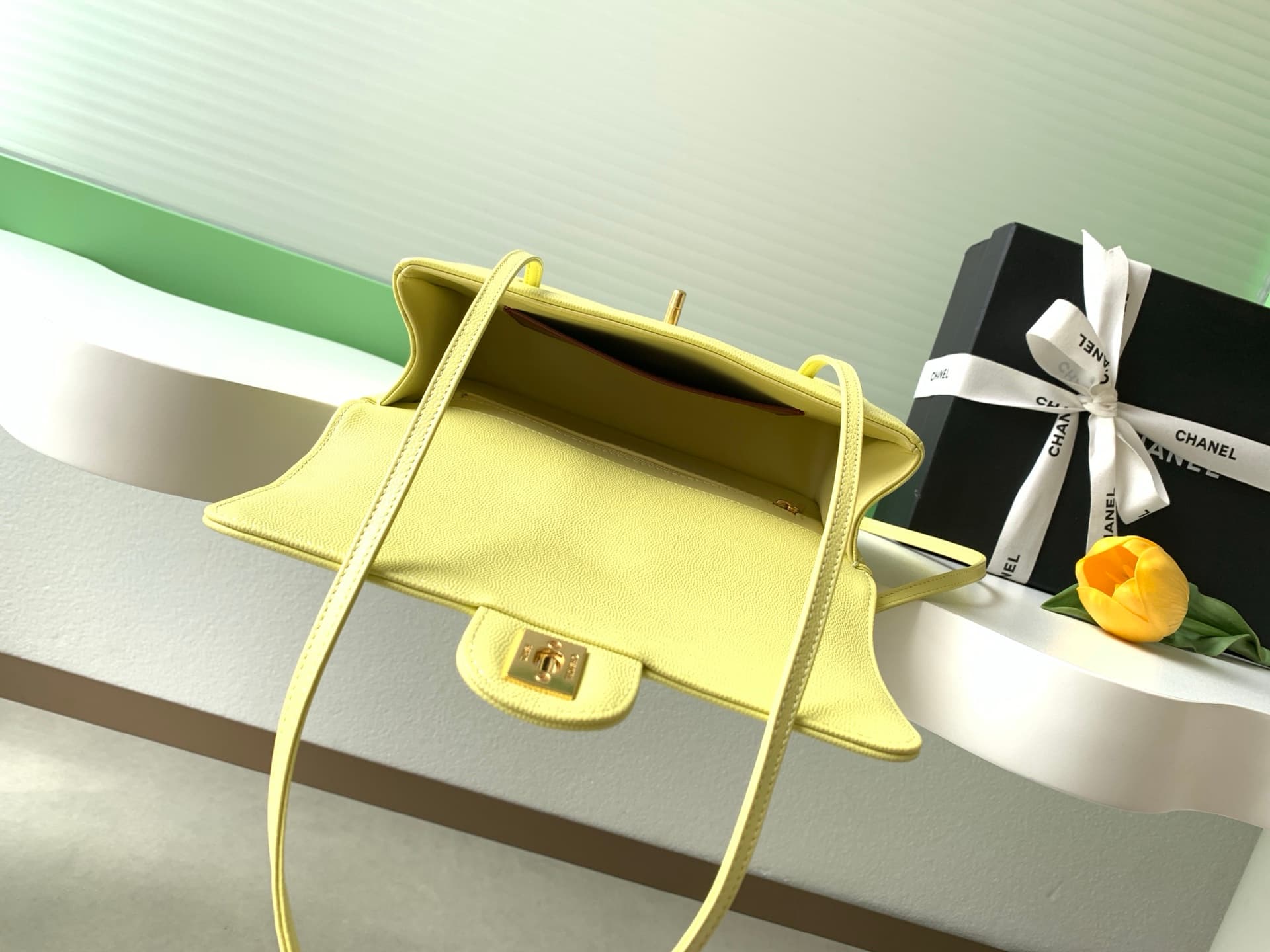 Chanel Small Flap Bag Grained Shiny Calfskin & Gold-Tone Metal AS6130 Yellow High