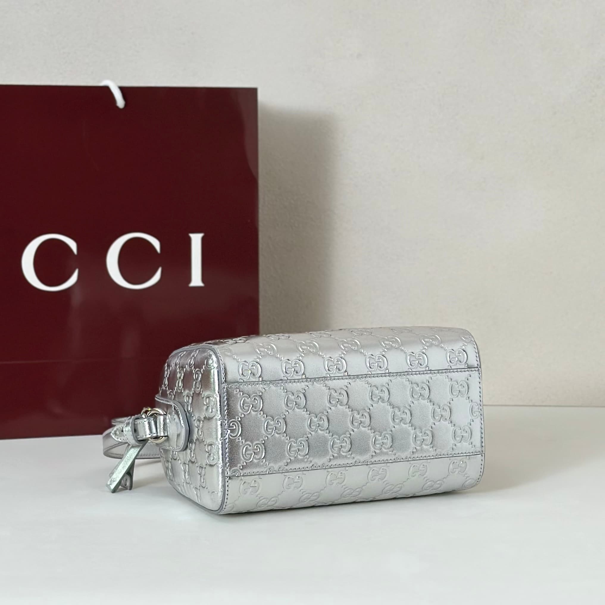 Gucci GG Emblem Small Boston Bag In Silver GG Leather 848889 High