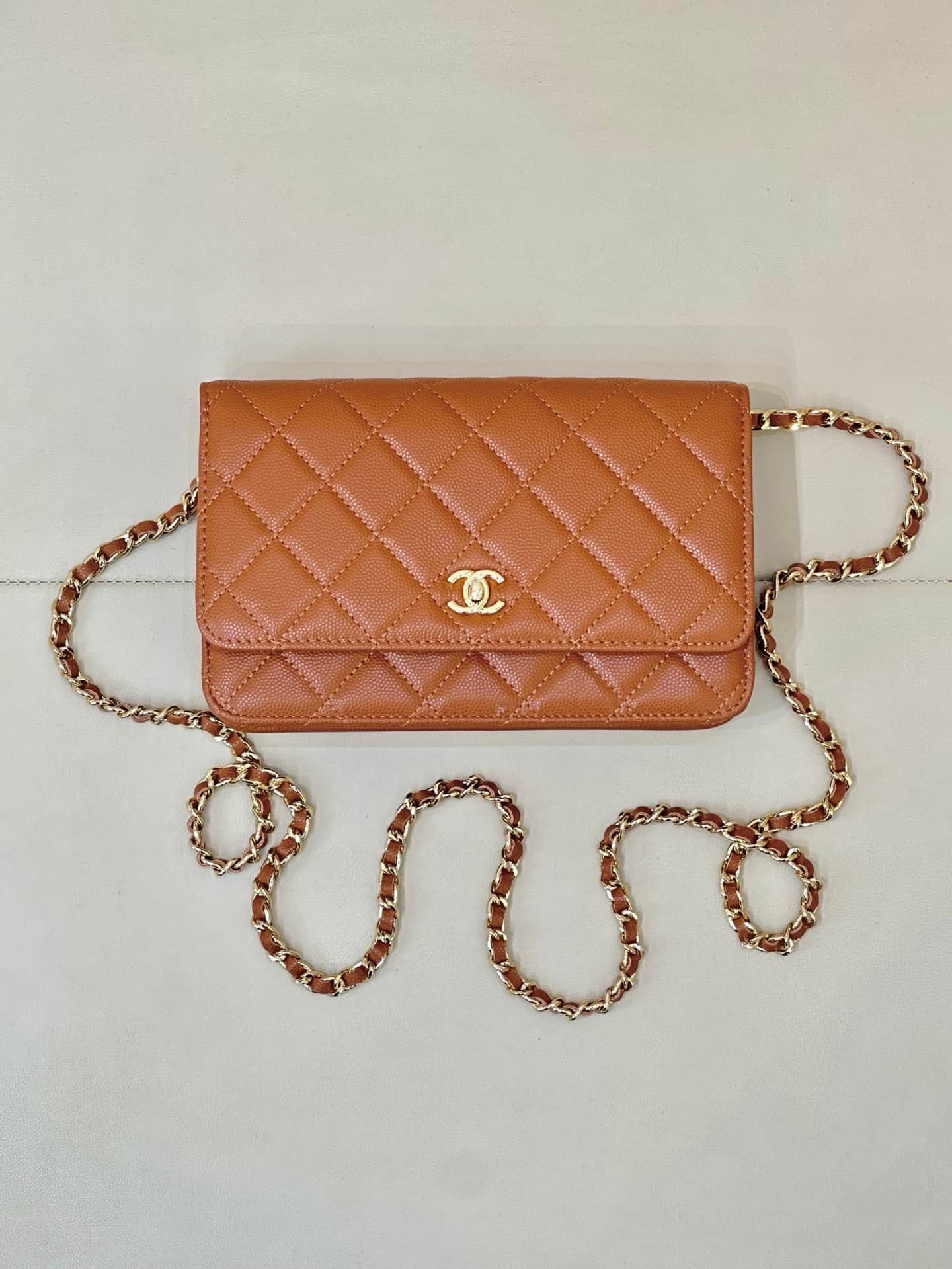 Chanel Classic Wallet on Chain Grained Shiny Calfskin& Gold-Tone Metal AP4241 Caramel TOP