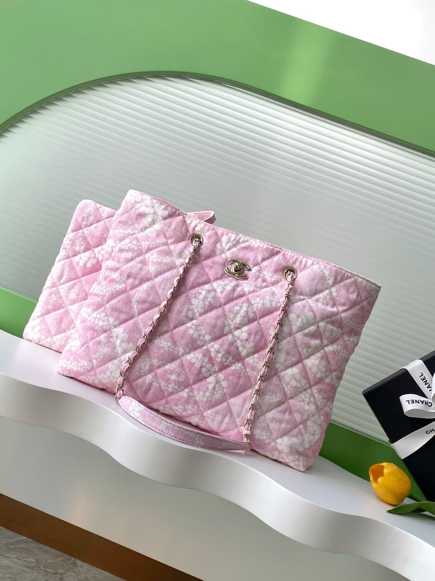 Chanel Beach Hobo Handbag Printed Cotton & Gold-Tone Metal AS5429 White and Pink A