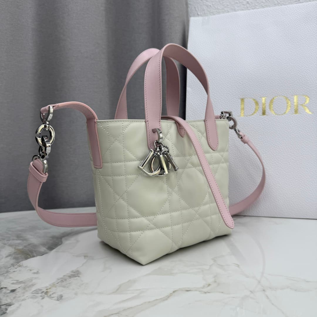 Small Dior Toujours Vertical Tote Bag Latte and Soupir Pink Macrocannage Calfskin  M2835 High