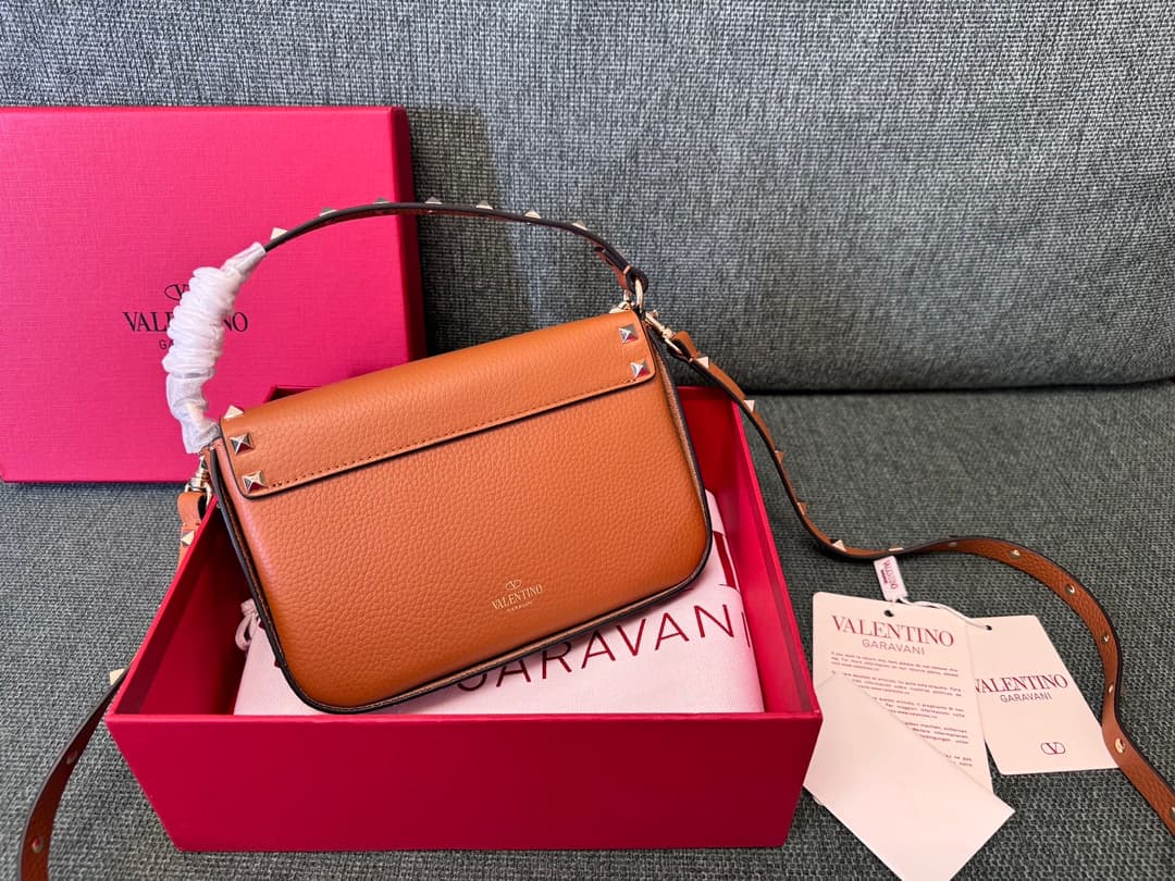 Valentino Garavani Mini Rockstud Grainy Leather Crossbody Bag in Caramel High