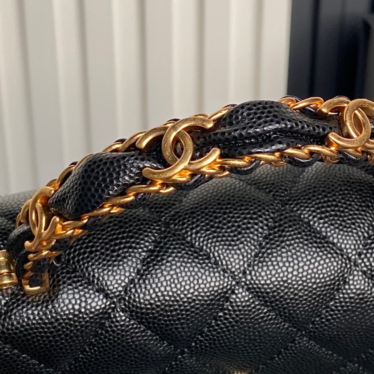 Chanel Mini Flap Bag with Top Handle Grained Shiny Calfskin & Gold-Tone Metal Black AP4798 A