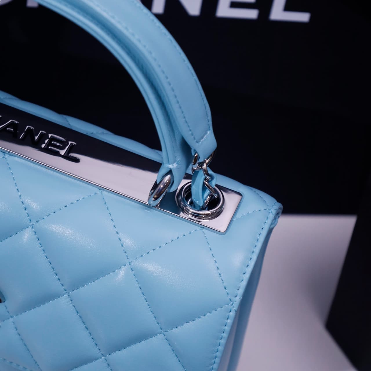 SMALL FLAP BAG WITH TOP HANDLE Lambskin Silver Metal Sky Blue A